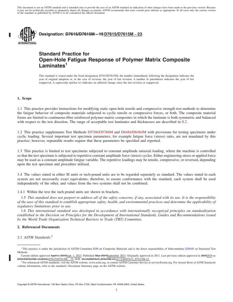 REDLINE ASTM D7615/D7615M-23 - Standard Practice for  Open-Hole Fatigue Response of Polymer Matrix Composite Laminates