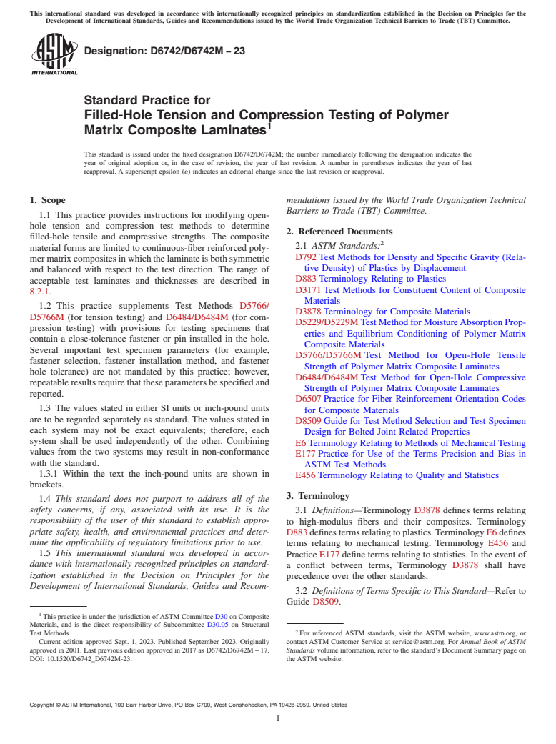 ASTM D6742/D6742M-23 - Standard Practice for  Filled-Hole Tension and Compression Testing of Polymer Matrix  Composite Laminates