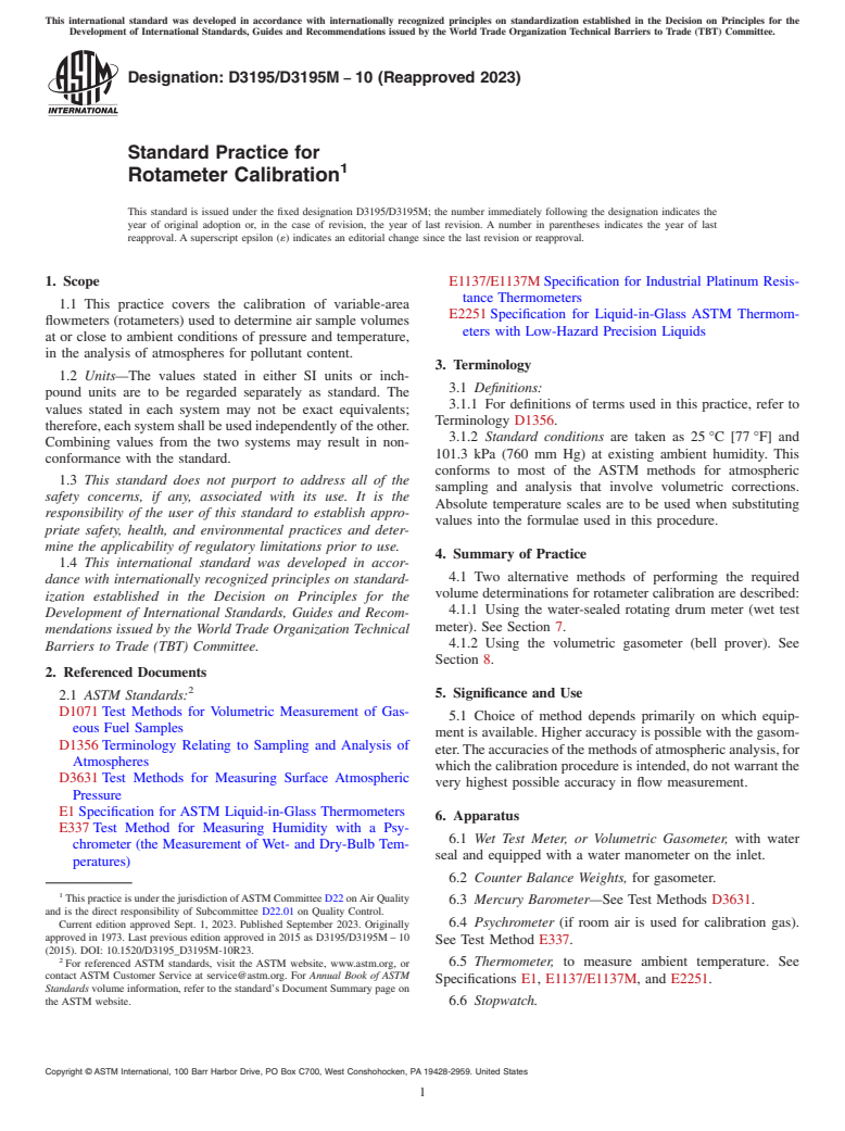 ASTM D3195/D3195M-10(2023) - Standard Practice for  Rotameter Calibration