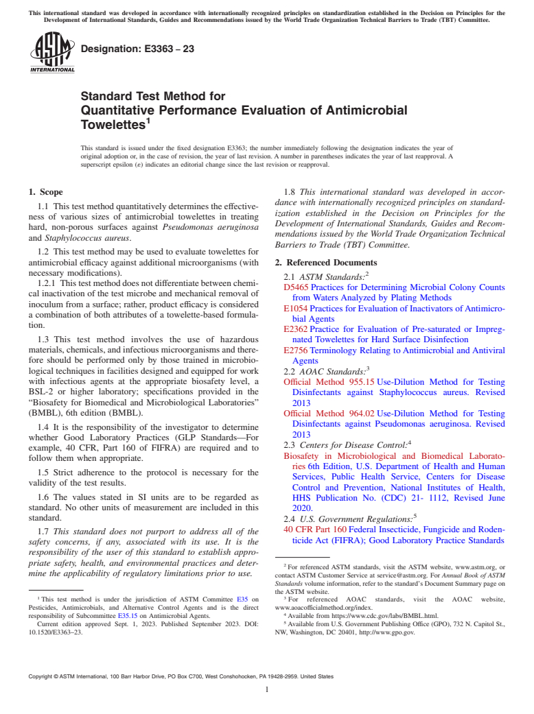 ASTM E3363-23 - Standard Test Method for Quantitative Performance Evaluation of Antimicrobial Towelettes