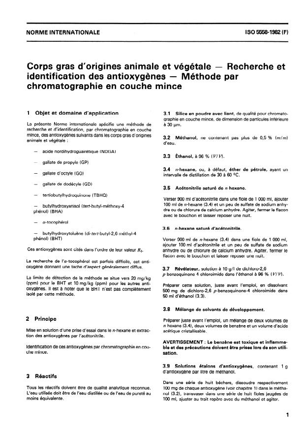 ISO 5558:1982 - Corps gras d'origines animale et végétale -- Recherche et identification des antioxygenes -- Méthode par chromatographie en couche mince