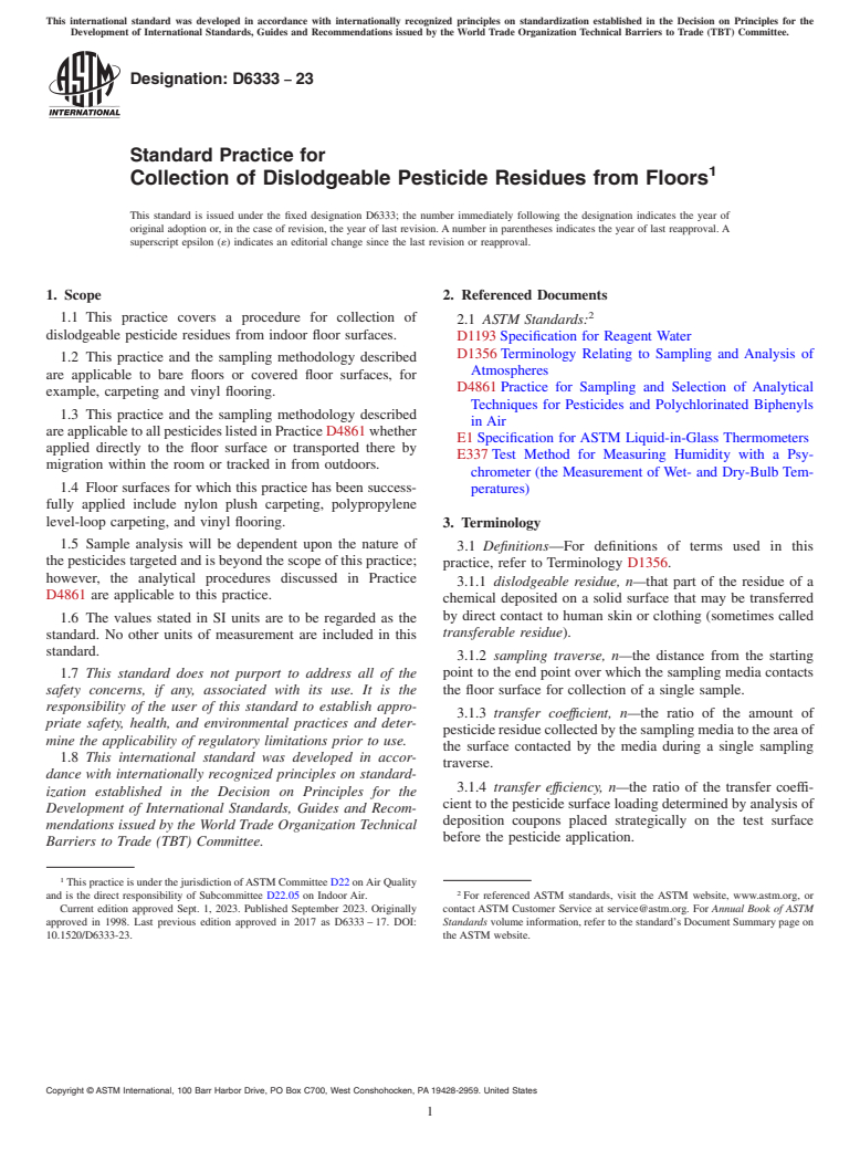 ASTM D6333-23 - Standard Practice for  Collection of Dislodgeable Pesticide Residues from Floors