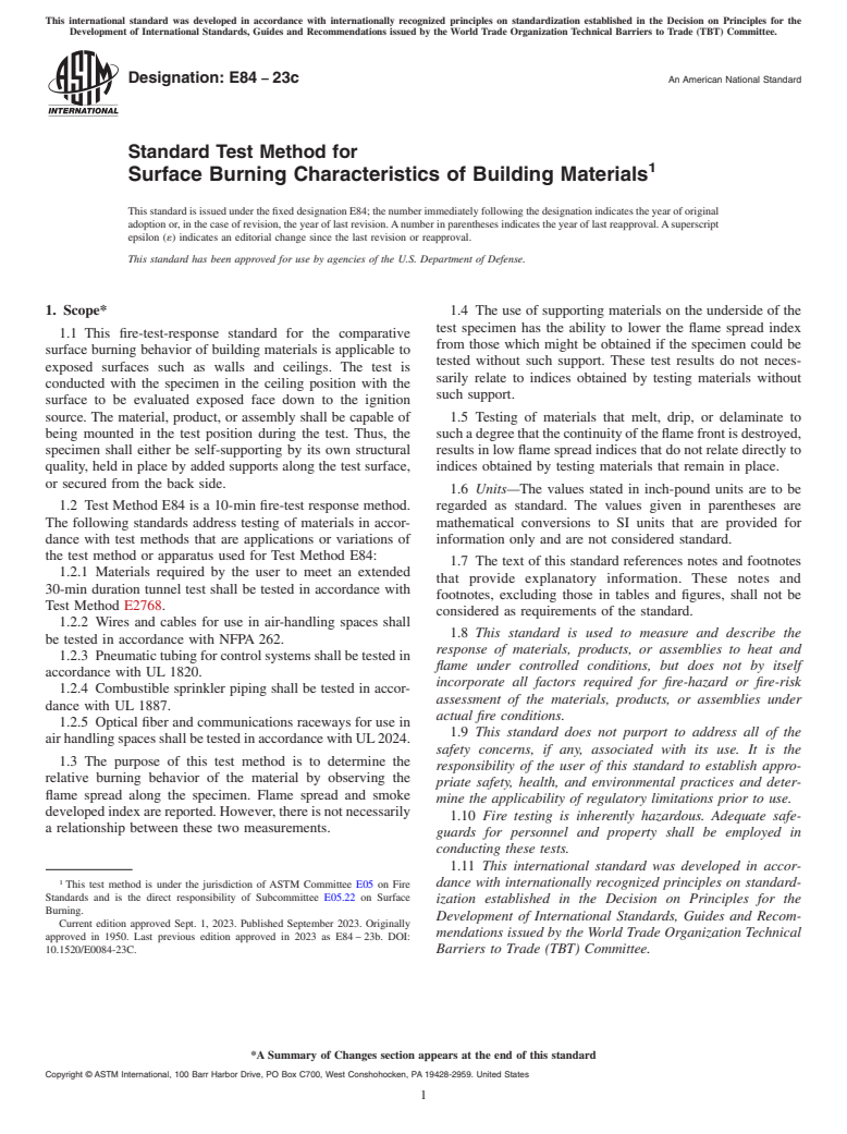 ASTM E84-23c - Standard Test Method for  Surface Burning Characteristics of Building Materials
