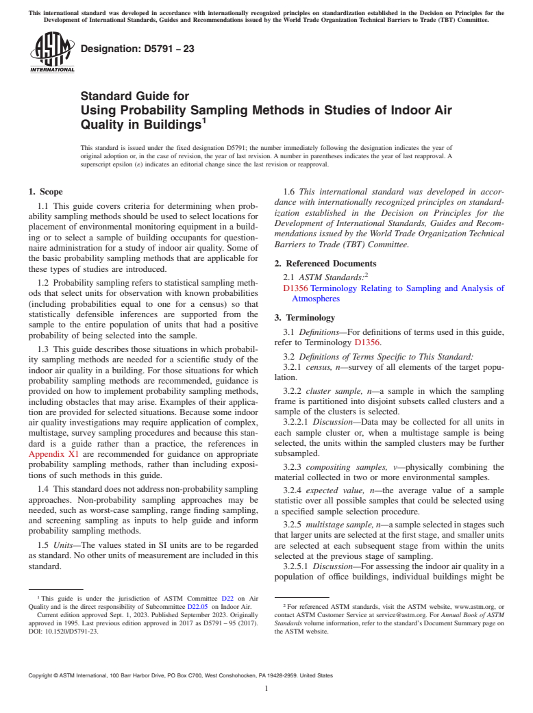 ASTM D5791-23 - Standard Guide for  Using Probability Sampling Methods in Studies of Indoor Air  Quality in Buildings