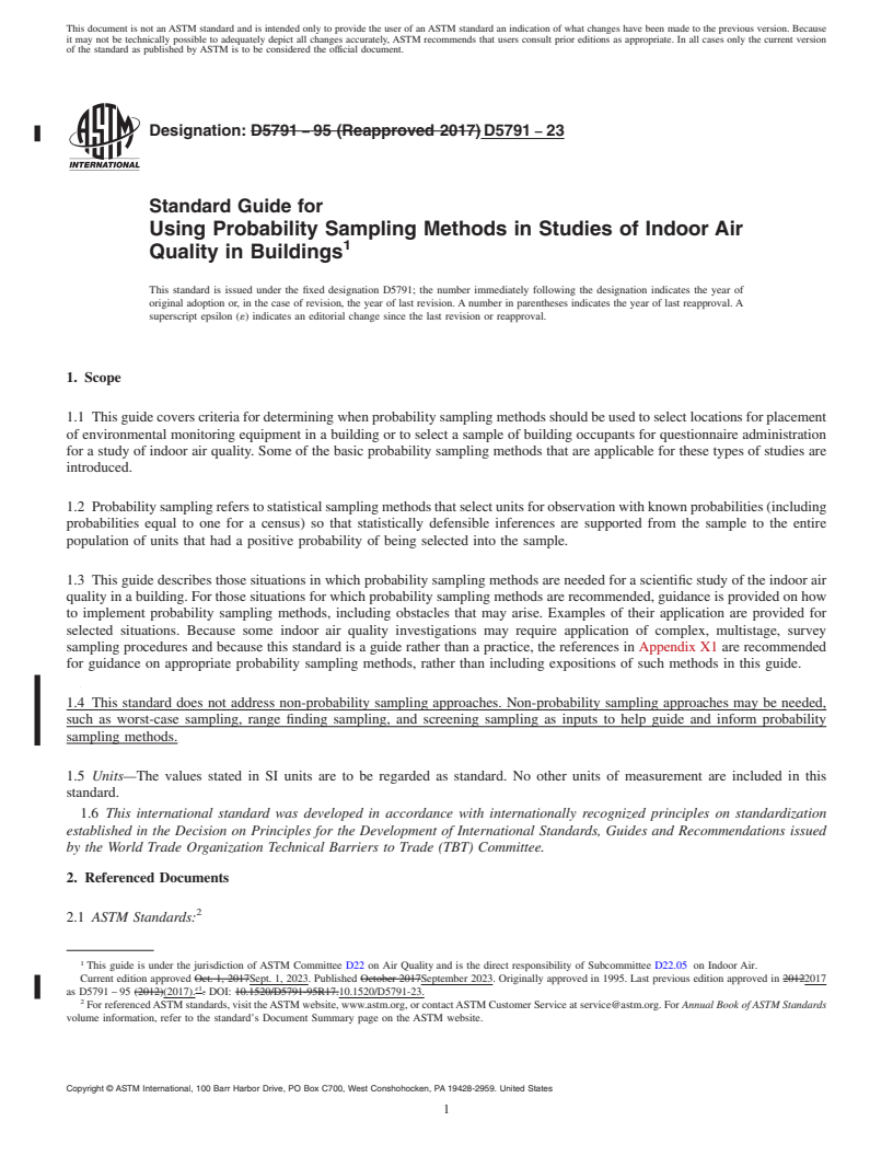 REDLINE ASTM D5791-23 - Standard Guide for  Using Probability Sampling Methods in Studies of Indoor Air  Quality in Buildings