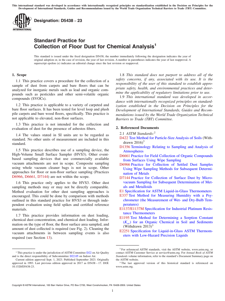 ASTM D5438-23 - Standard Practice for  Collection of Floor Dust for Chemical Analysis