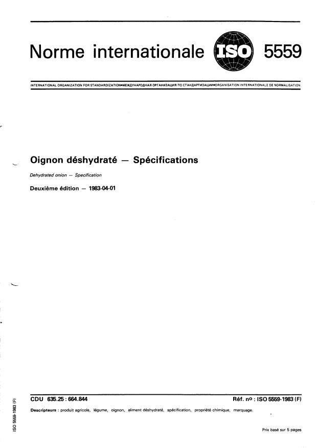 ISO 5559:1983 - Oignon déshydraté -- Spécifications