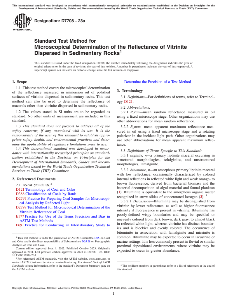 ASTM D7708-23a - Standard Test Method for  Microscopical Determination of the Reflectance of Vitrinite Dispersed in Sedimentary Rocks