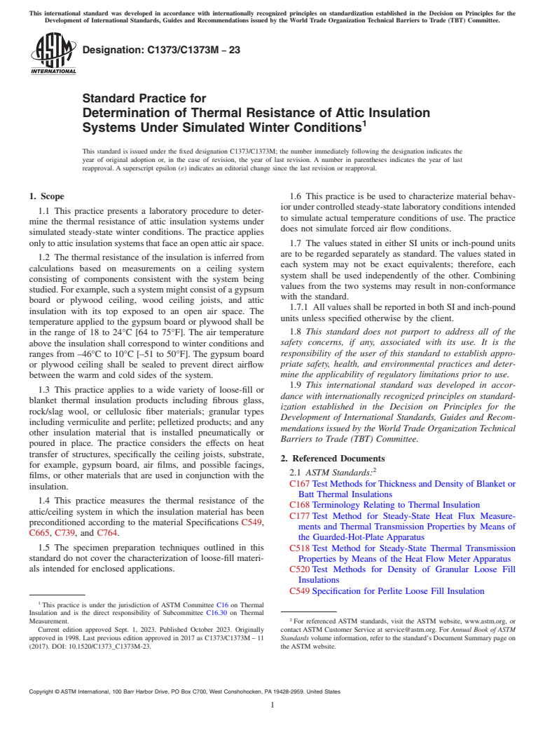 ASTM C1373/C1373M-23 - Standard Practice for  Determination of Thermal Resistance of Attic Insulation Systems  Under Simulated Winter Conditions