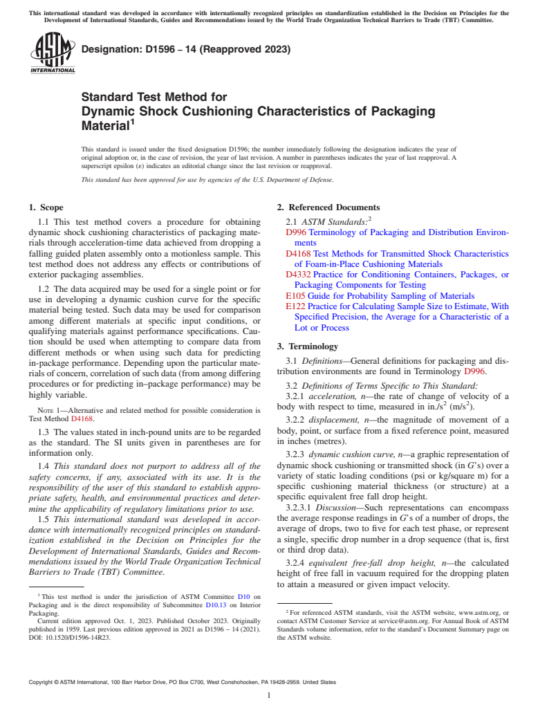 ASTM D1596-14(2023) - Standard Test Method for  Dynamic Shock Cushioning Characteristics of Packaging Material