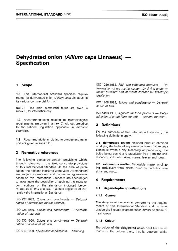 ISO 5559:1995 - Dehydrated onion (Allium cepa Linnaeus) -- Specification