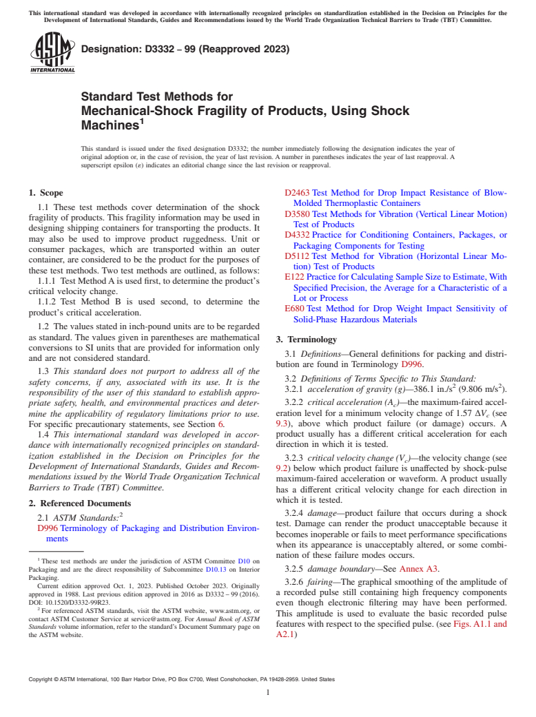 ASTM D3332-99(2023) - Standard Test Methods for Mechanical-Shock Fragility of Products, Using Shock Machines