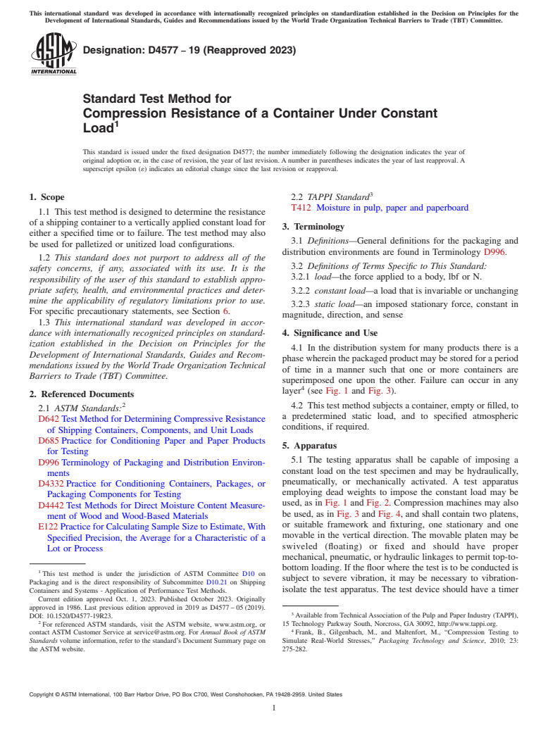 ASTM D4577-19(2023) - Standard Test Method for Compression Resistance of a Container Under Constant Load