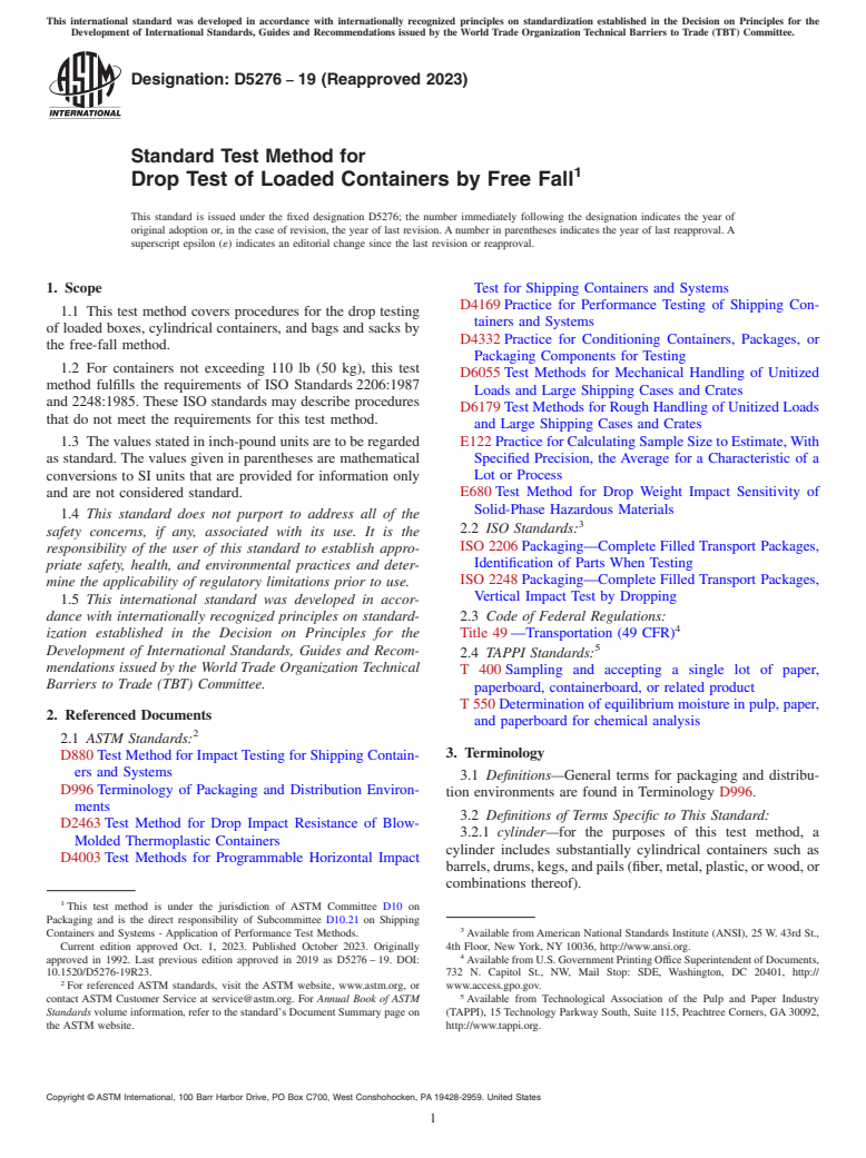 ASTM D5276-19(2023) - Standard Test Method for  Drop Test of Loaded Containers by Free Fall