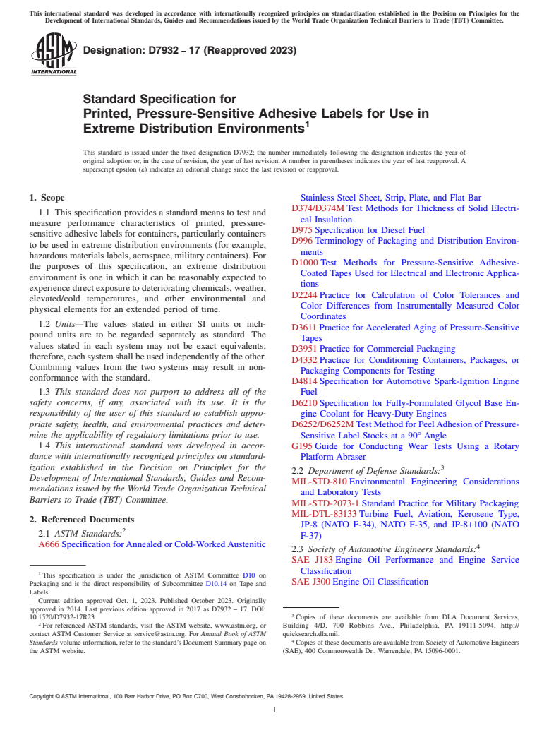 ASTM D7932-17(2023) - Standard Specification for Printed, Pressure-Sensitive Adhesive Labels for Use in Extreme  Distribution Environments