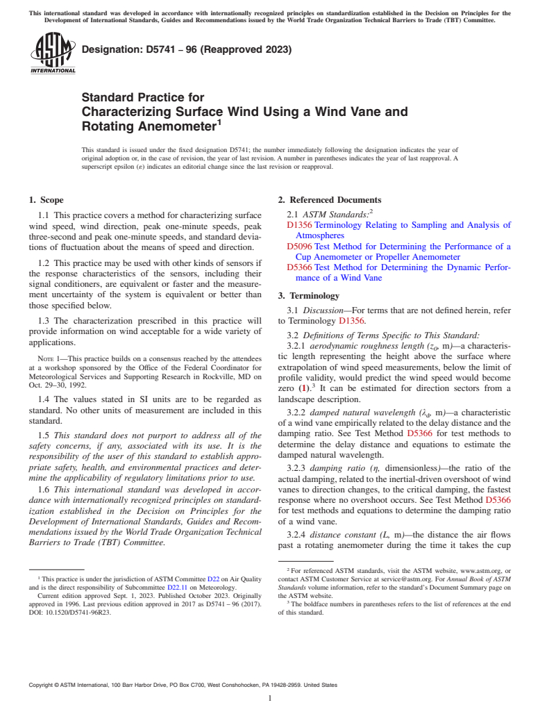 ASTM D5741-96(2023) - Standard Practice for  Characterizing Surface Wind Using a Wind Vane and Rotating  Anemometer