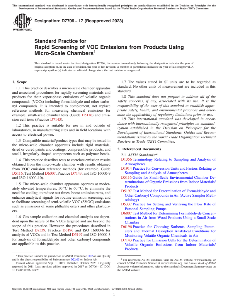 ASTM D7706-17(2023) - Standard Practice for  Rapid Screening of VOC Emissions from Products Using Micro-Scale  Chambers