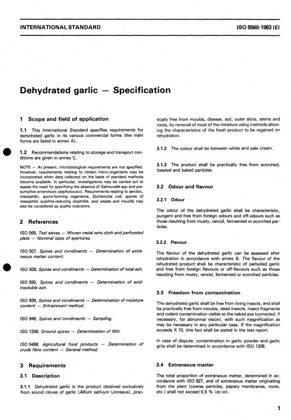 ISO 5560:1983 - Dehydrated garlic -- Specification