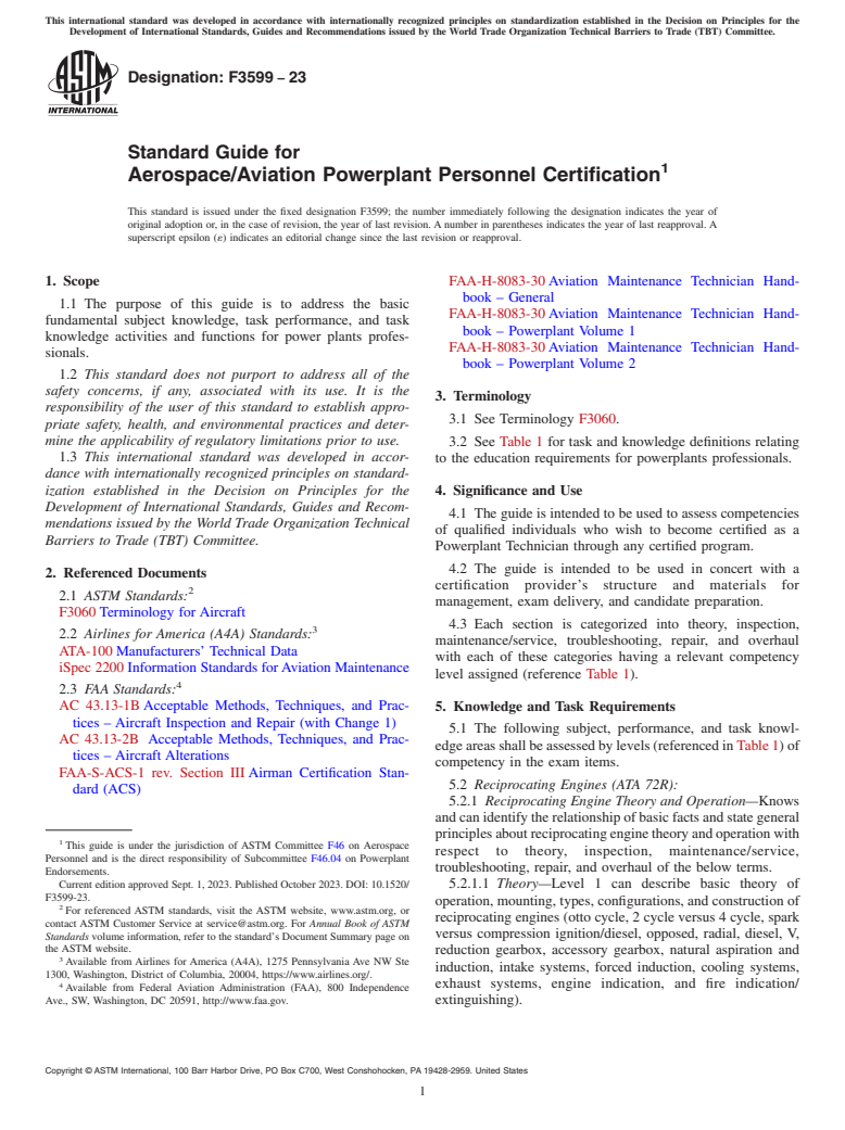 ASTM F3599-23 - Standard Guide for Aerospace/Aviation Powerplant Personnel Certification