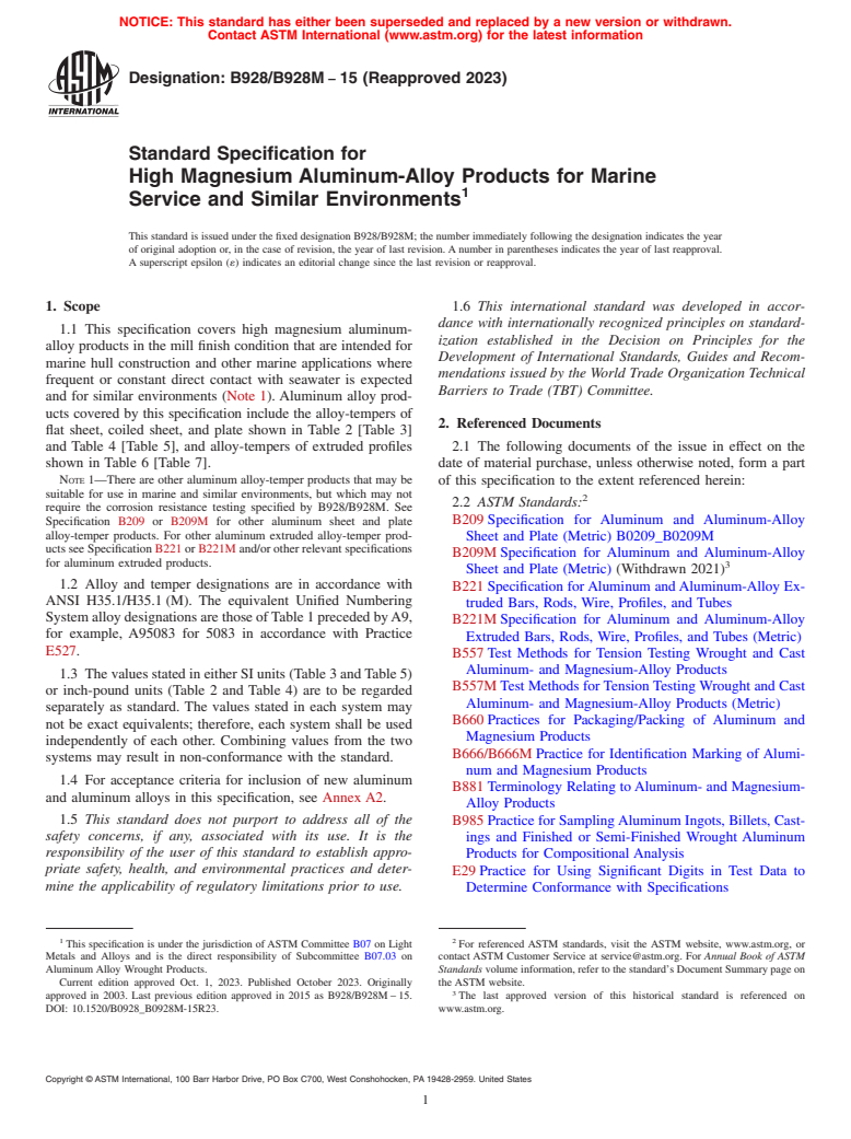 ASTM B928/B928M-15(2023) - Standard Specification for High Magnesium Aluminum-Alloy Products for Marine Service and  Similar Environments