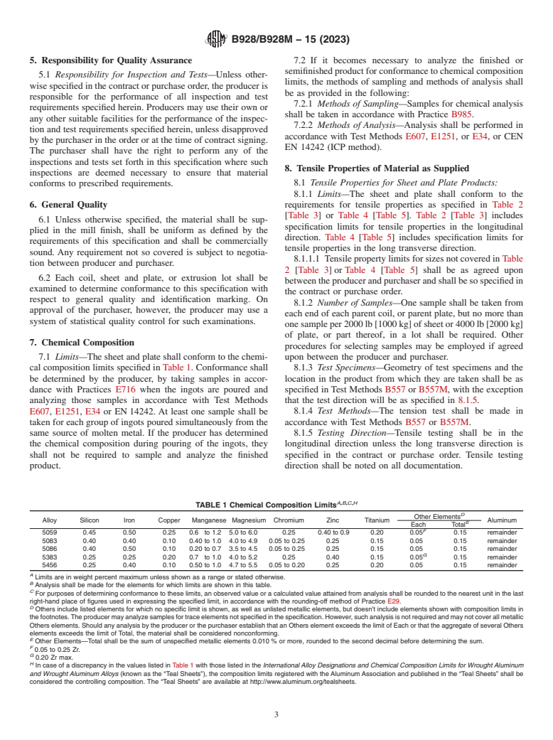 ASTM B928/B928M-15(2023) - Standard Specification for High Magnesium Aluminum-Alloy Products for Marine Service and  Similar Environments