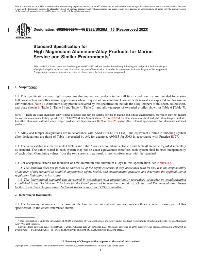 REDLINE ASTM B928/B928M-15(2023) - Standard Specification for High Magnesium Aluminum-Alloy Products for Marine Service and  Similar Environments