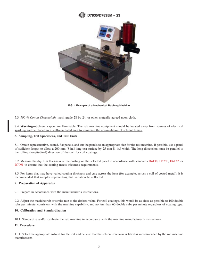 REDLINE ASTM D7835/D7835M-23 - Standard Test Method for Determining the Solvent Resistance of an Organic Coating Using  a Mechanical Rubbing Machine