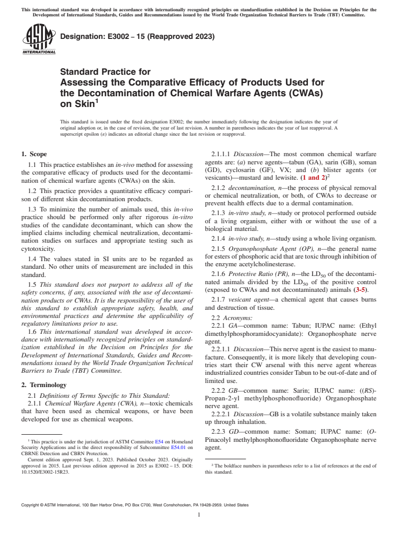 ASTM E3002-15(2023) - Standard Practice for Assessing the Comparative Efficacy of Products Used for the  Decontamination of Chemical Warfare Agents (CWAs) on Skin