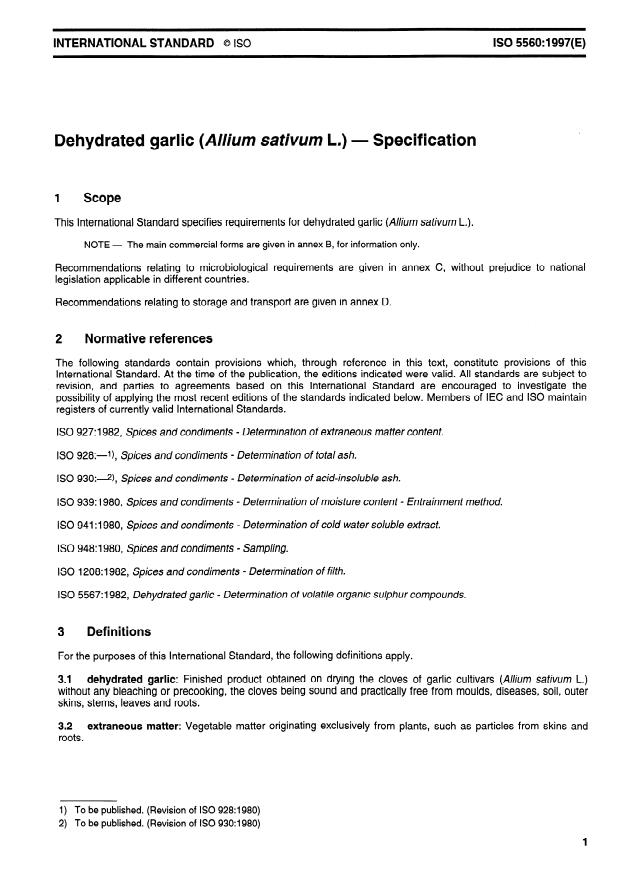 ISO 5560:1997 - Dehydrated garlic (Allium sativum L.) -- Specification