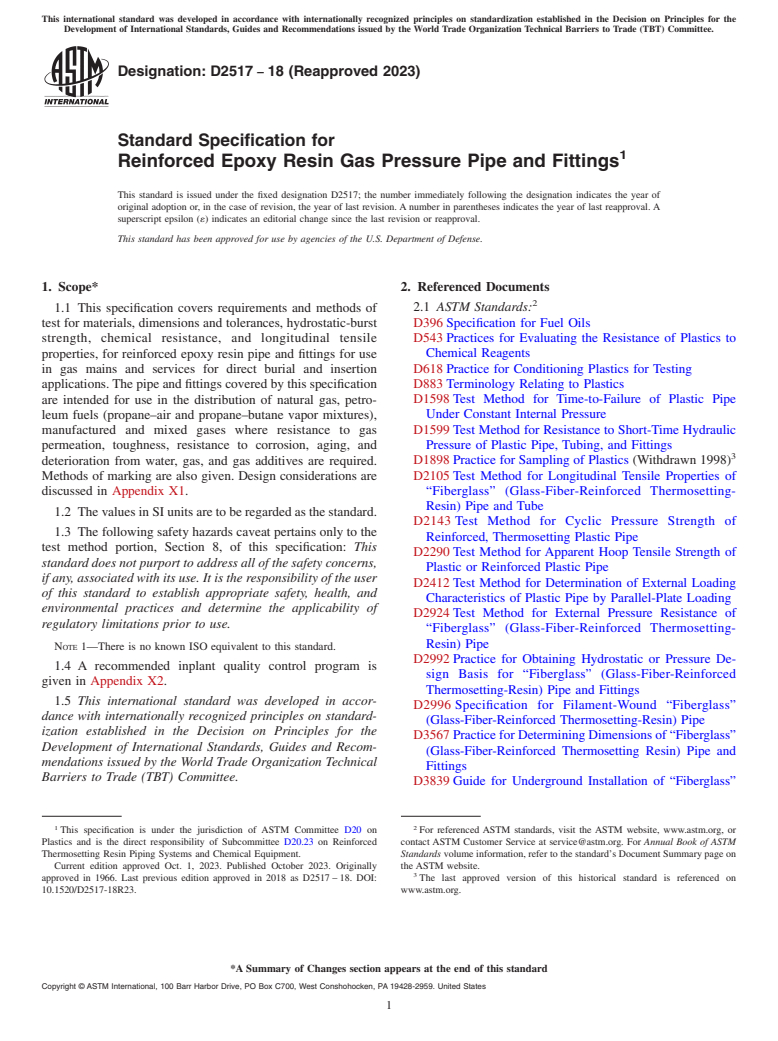 ASTM D2517-18(2023) - Standard Specification for  Reinforced Epoxy Resin Gas Pressure Pipe and Fittings