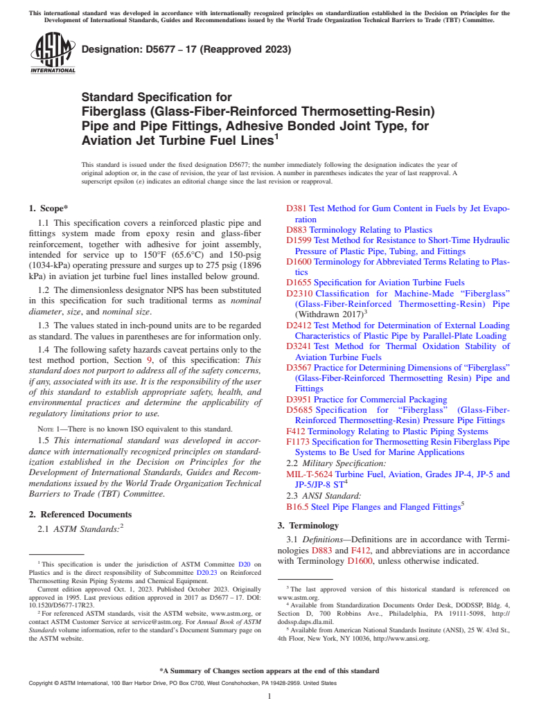 ASTM D5677-17(2023) - Standard Specification for  Fiberglass (Glass-Fiber-Reinforced Thermosetting-Resin) Pipe  and Pipe Fittings, Adhesive Bonded Joint Type, for Aviation Jet Turbine  Fuel Lines
