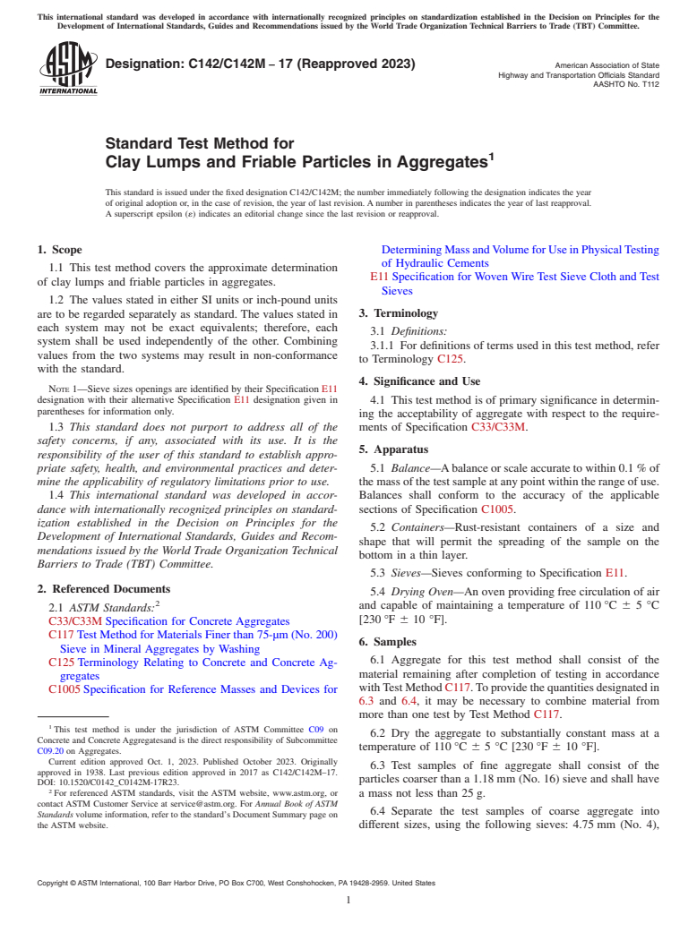 ASTM C142/C142M-17(2023) - Standard Test Method for  Clay Lumps and Friable Particles in Aggregates