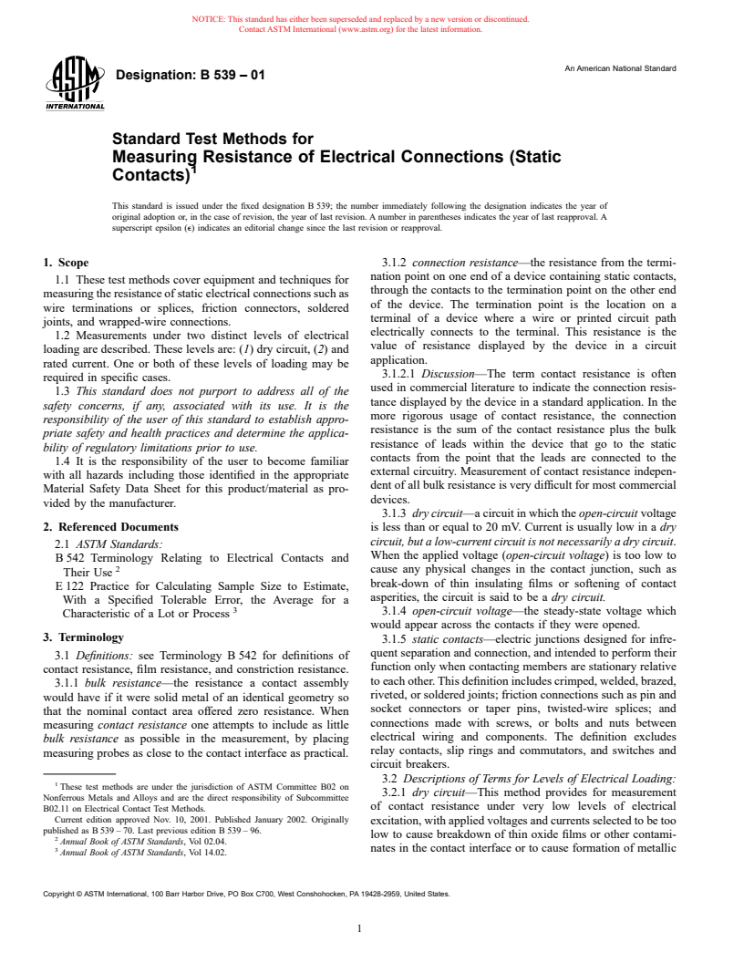 ASTM B539-01 - Standard Test Methods for Measuring Resistance of Electrical Connections (Static Contacts)