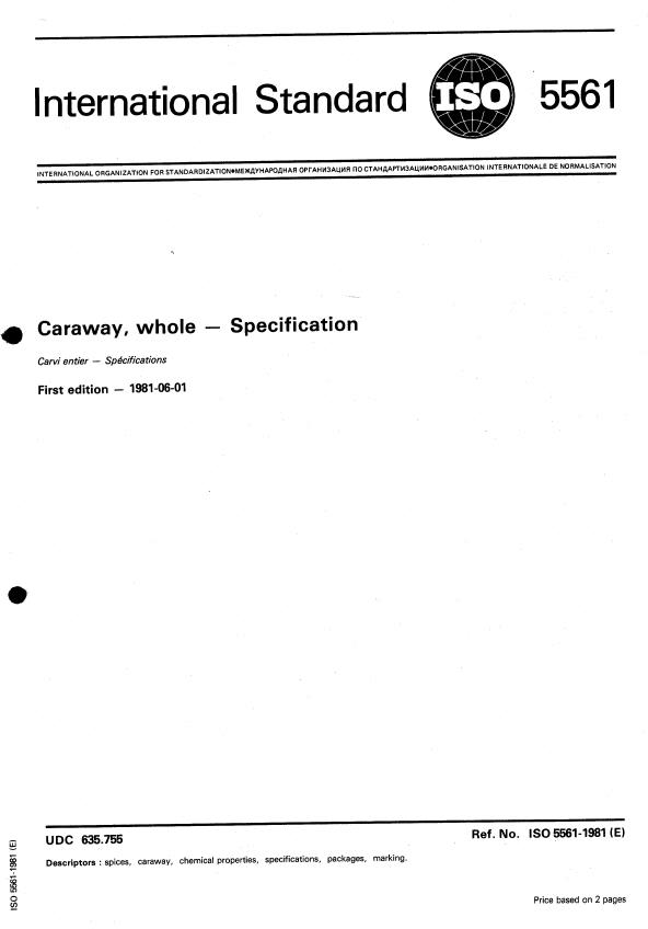 ISO 5561:1981 - Caraway, whole -- Specification