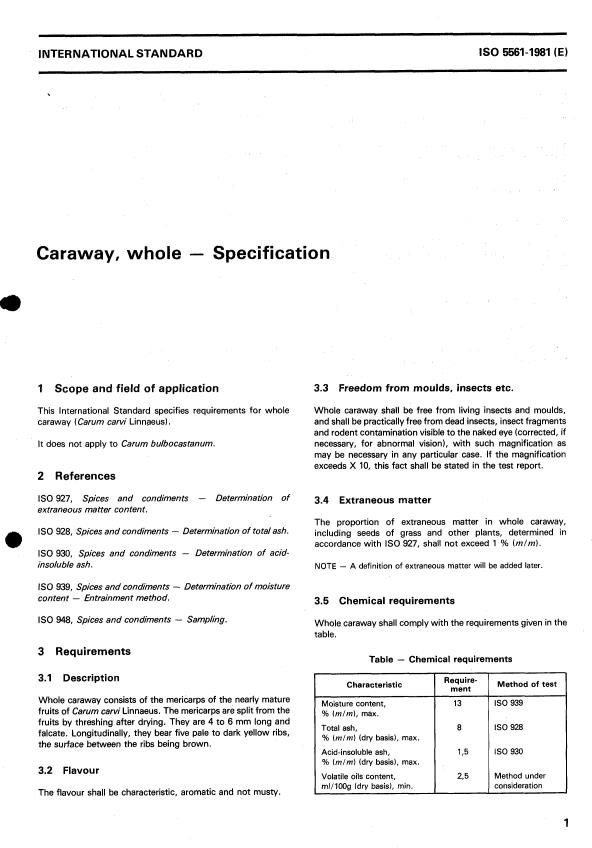 ISO 5561:1981 - Caraway, whole -- Specification