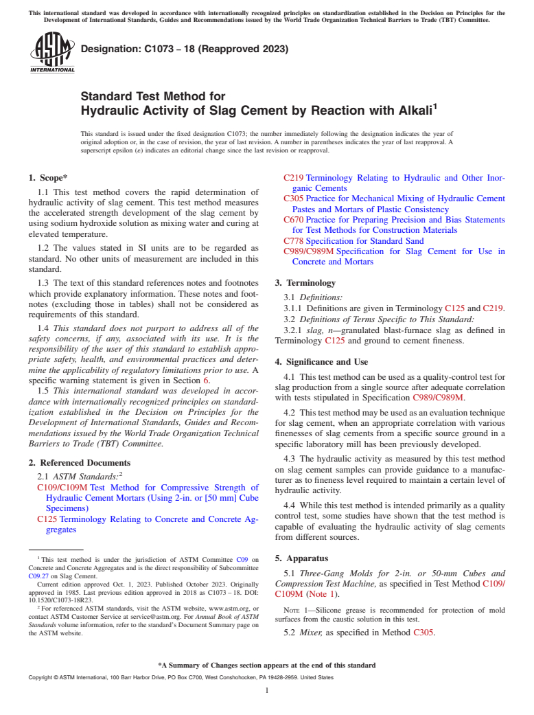 ASTM C1073-18(2023) - Standard Test Method for  Hydraulic Activity of Slag Cement by Reaction with Alkali