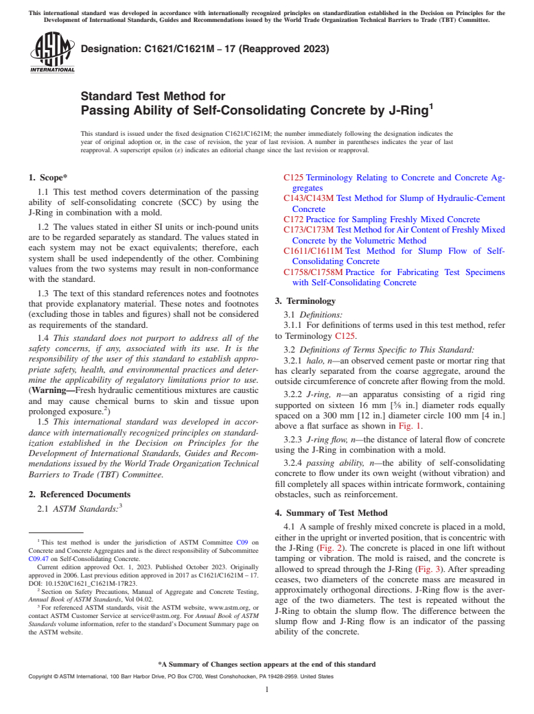 ASTM C1621/C1621M-17(2023) - Standard Test Method for  Passing Ability of Self-Consolidating Concrete by J-Ring
