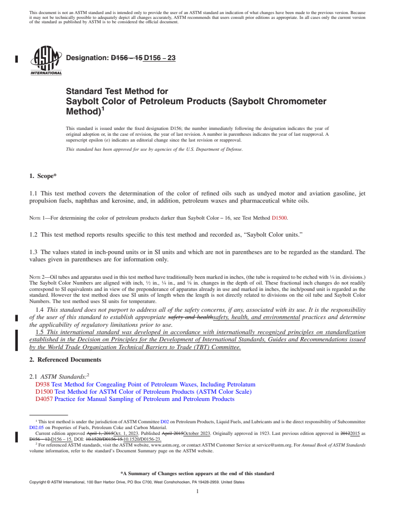 REDLINE ASTM D156-23 - Standard Test Method for Saybolt Color of Petroleum Products (Saybolt Chromometer Method)