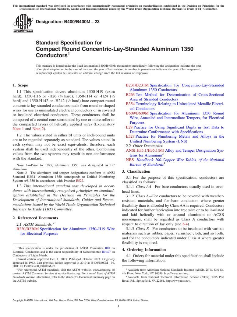 ASTM B400/B400M-23 - Standard Specification for Compact Round Concentric-Lay-Stranded Aluminum 1350 Conductors