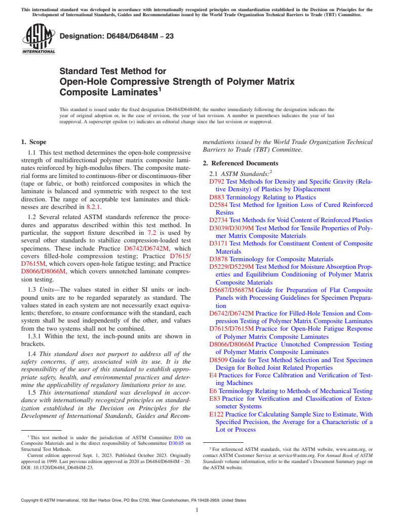 ASTM D6484/D6484M-23 - Standard Test Method for  Open-Hole Compressive Strength of Polymer Matrix Composite  Laminates