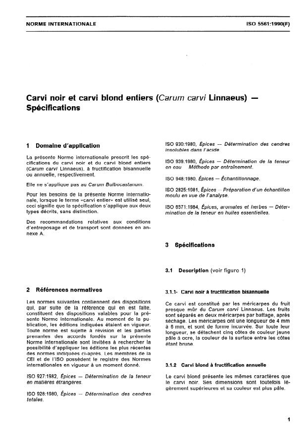 ISO 5561:1990 - Carvi noir et carvi blond entiers (Carum carvi Linnaeus) -- Spécifications