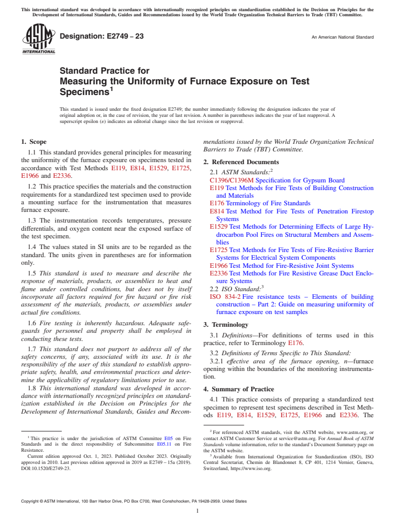 ASTM E2749-23 - Standard Practice for  Measuring the Uniformity of Furnace Exposure on Test Specimens