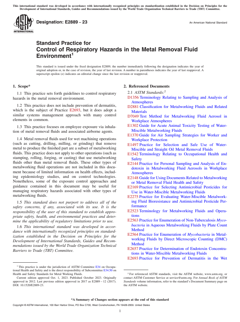 ASTM E2889-23 - Standard Practice for Control of Respiratory Hazards in the Metal Removal Fluid Environment