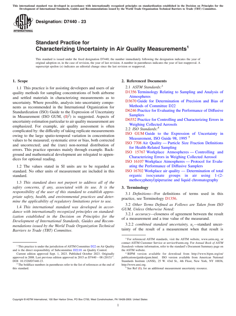 ASTM D7440-23 - Standard Practice for  Characterizing Uncertainty in Air Quality Measurements