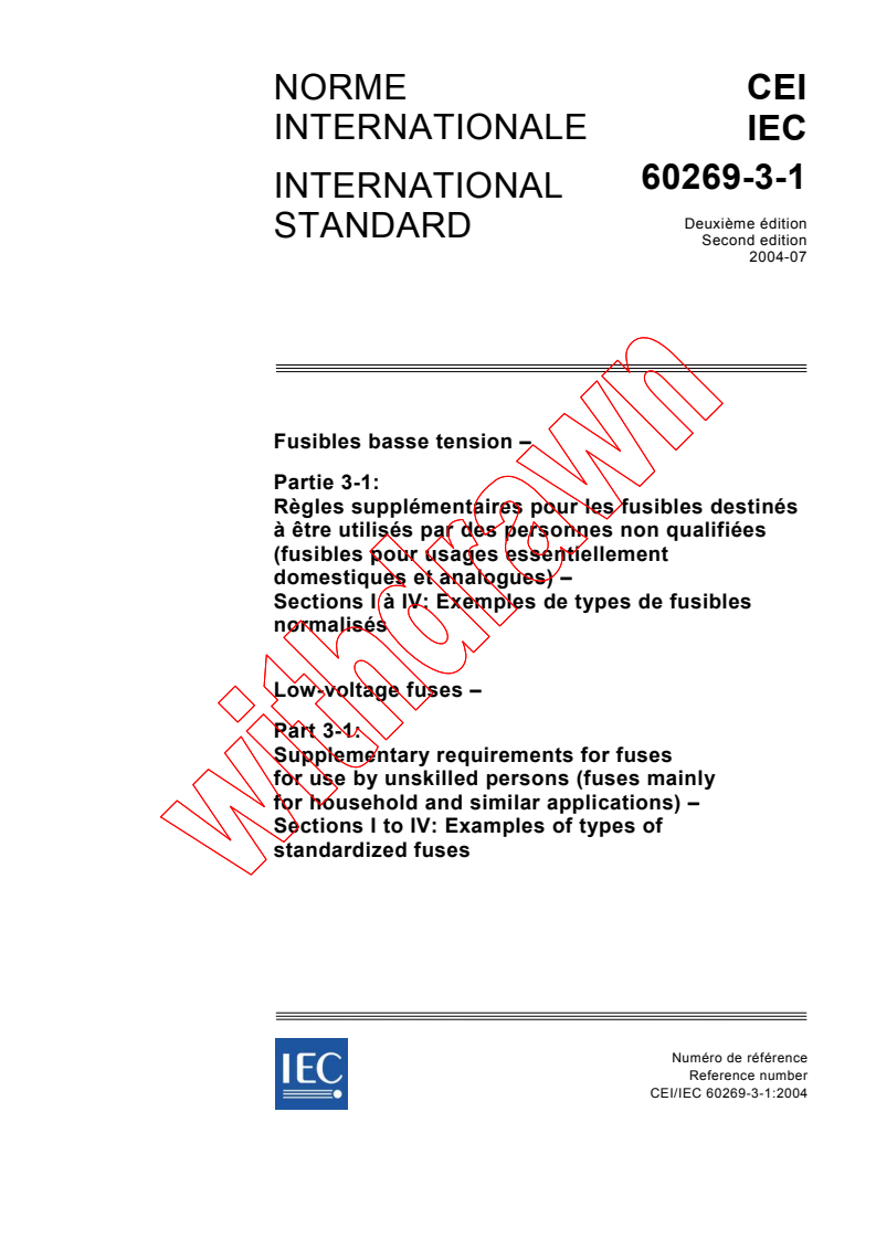 IEC 60269-3-1:2004 - Low-voltage fuses - Part 3-1: Supplementary requirements for fuses for use by unskilled persons (fuses mainly for household and similar applications) - Sections I to IV: Examples of types of standardized fuses
Released:7/8/2004
Isbn:2831875277