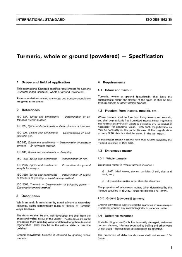 ISO 5562:1983 - Turmeric, whole or ground (powdered) -- Specification