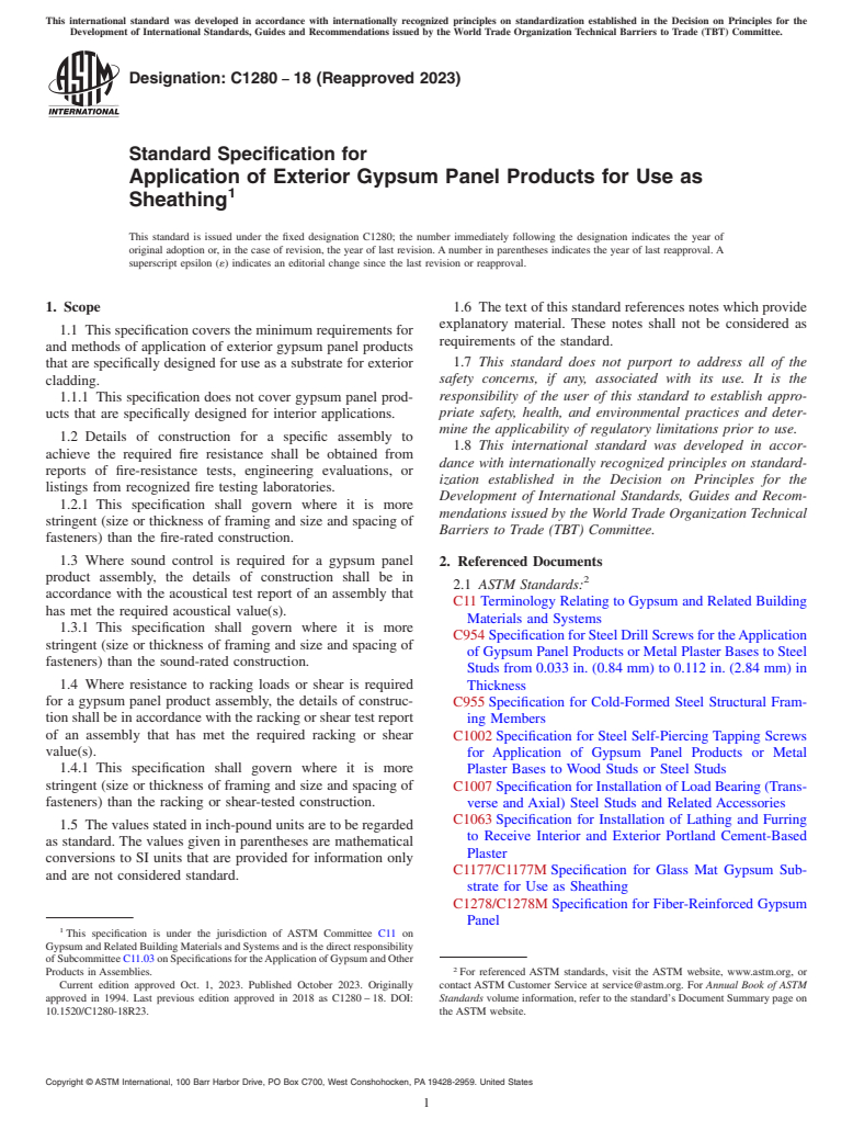 ASTM C1280-18(2023) - Standard Specification for  Application of Exterior Gypsum Panel Products for Use as Sheathing