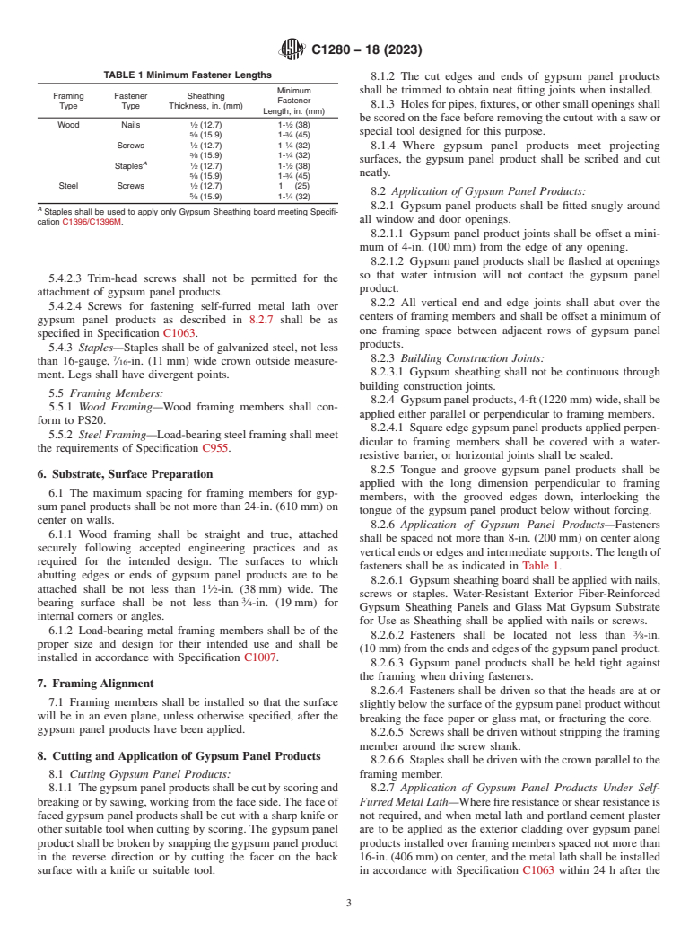 ASTM C1280-18(2023) - Standard Specification for  Application of Exterior Gypsum Panel Products for Use as Sheathing