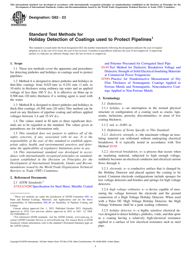 ASTM G62-23 - Standard Test Methods for Holiday Detection of Coatings used to Protect Pipelines