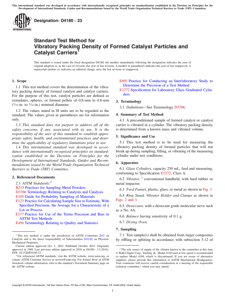 ASTM D4180-23 - Standard Test Method for  Vibratory Packing Density of Formed Catalyst Particles and  Catalyst Carriers